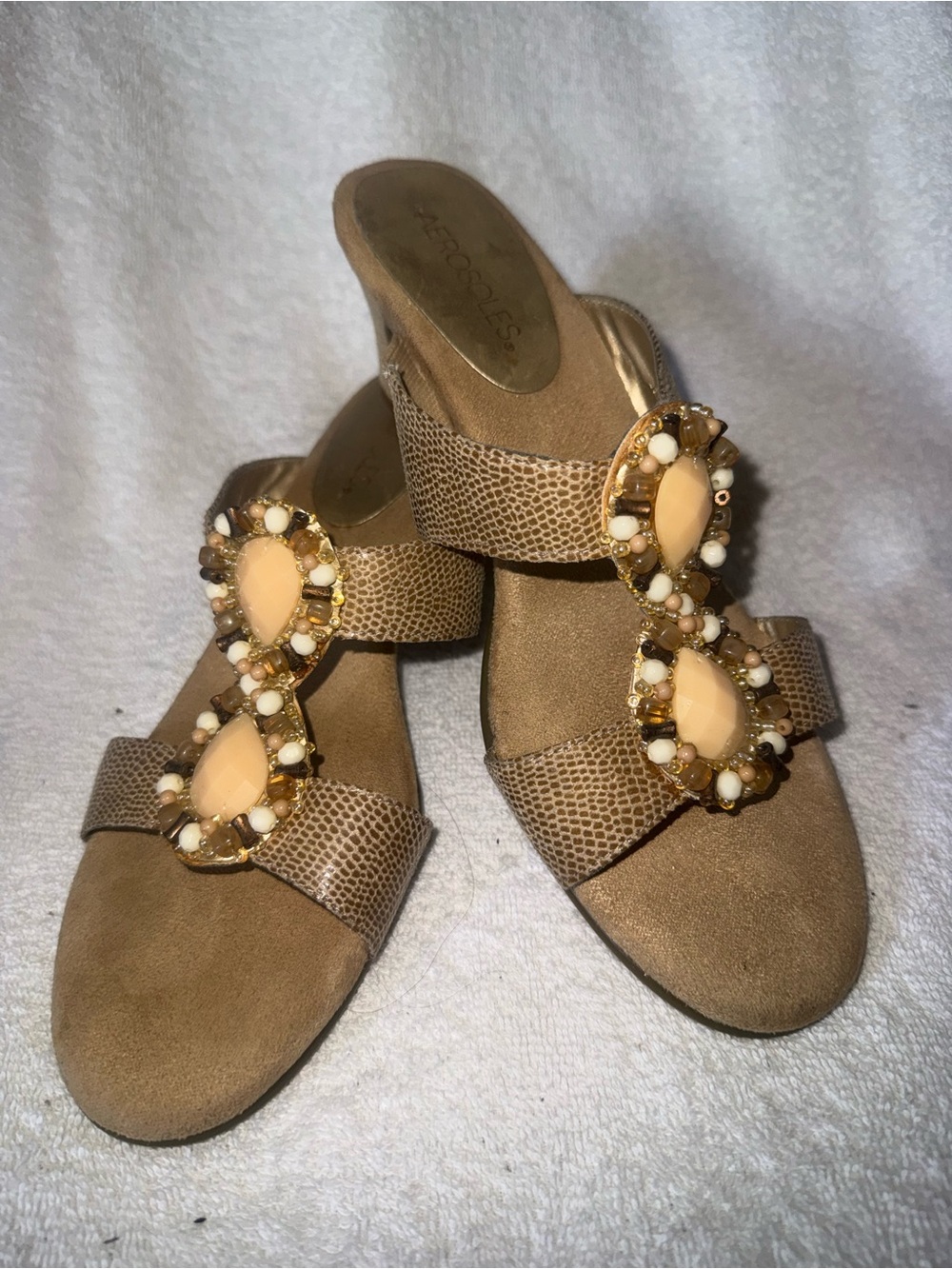 AEROSOLES Tan Beaded Slip-On Sandals